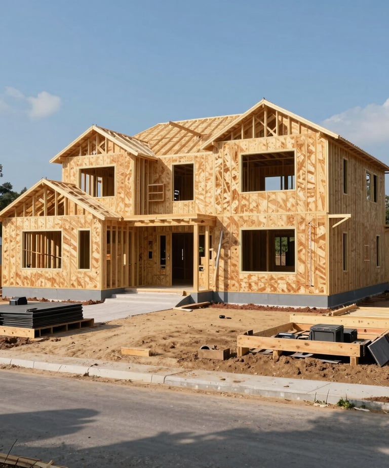 Wide shot of a professional residential construction site in North America, showing the precision framing of a custom house, bright daylight, organized and efficient.