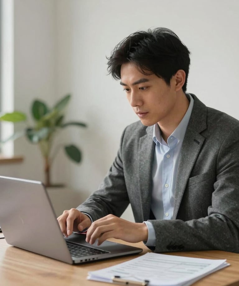 A focused project manager in professional North American business casual attire reviewing a schedule on a laptop in a bright home office.