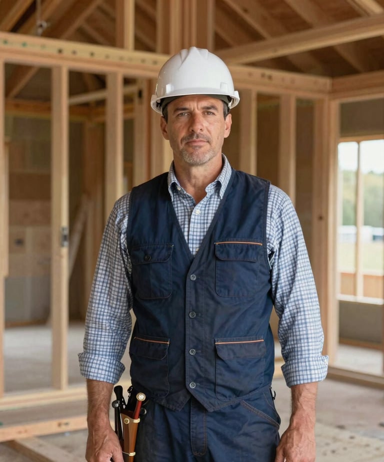 Portrait of a master builder in North American professional attire, standing in front of an unfinished high-end home frame.