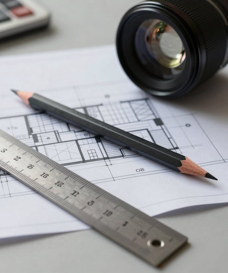 A close-up shot of architectural blueprints with a modern graphite pencil and an engineering ruler on a light gray table.