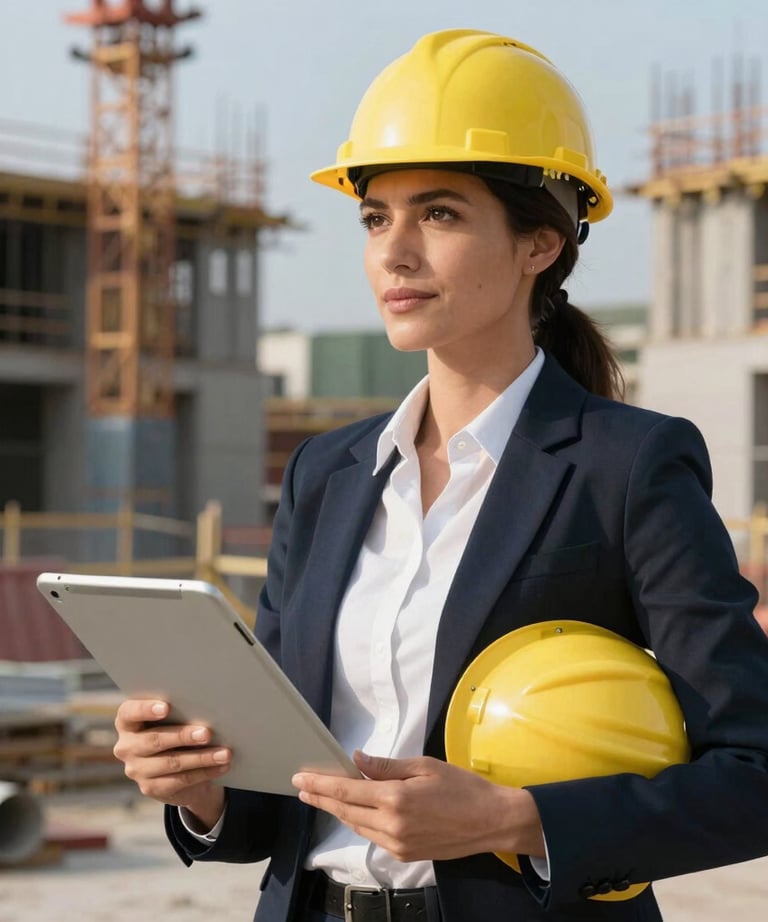 Portrait-style photo of a professional female architect in North American attire, standing on a construction site with a tablet and a hard hat.