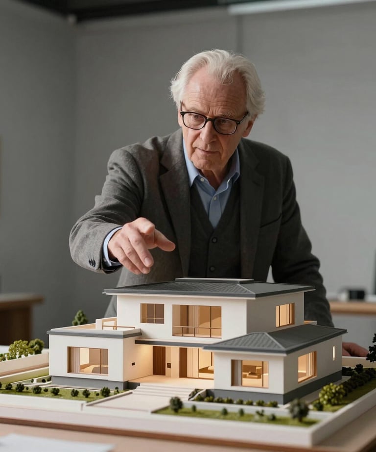 A senior architectural designer gesturing toward a 3D physical model of a luxury house in a studio with soft gray walls.