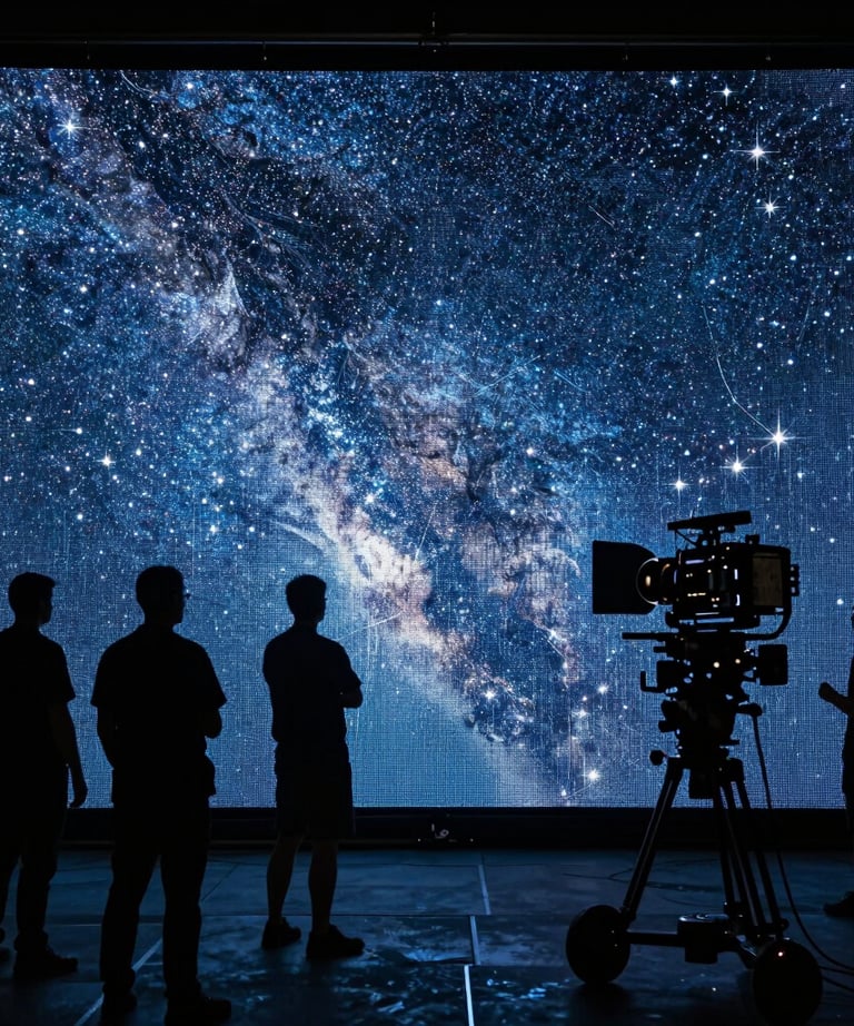 A dark North American production set with a large LED volume background displaying a steel blue starfield. Professional crew members silhouette against the light.