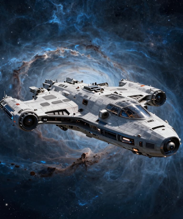 Hyper-realistic 3D rendering of a futuristic spaceship flying through a dense nebula. Dark blue and steel blue palette with light gray highlights, capturing a sense of speculative science storytelling.