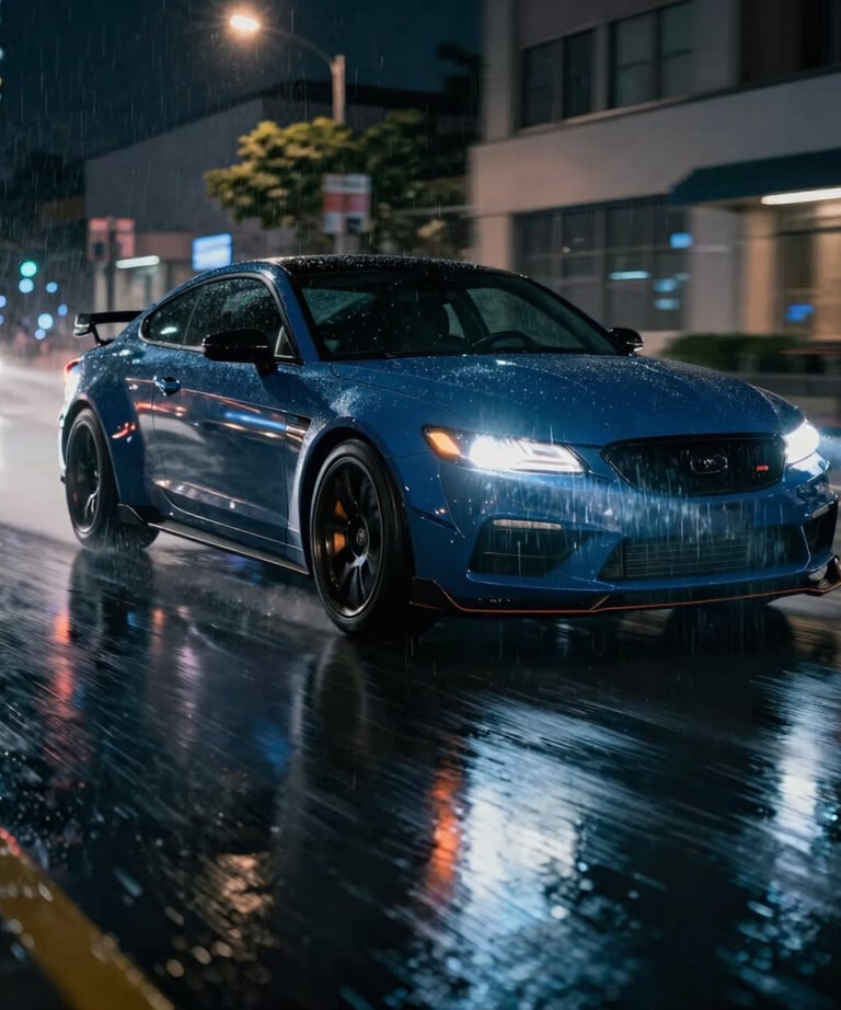 Cinematic photography of a high-speed car chase in a rain-slicked North American city at night, with dramatic steel blue reflections on the pavement.
