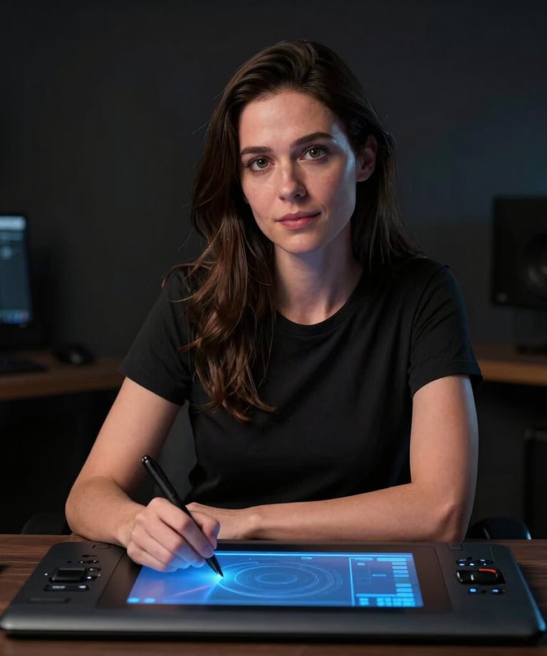 Portrait of a female 3D animator in a dark studio. Her face is softly lit by the steel blue glow of a professional graphics tablet. North American / English-speaking professional.