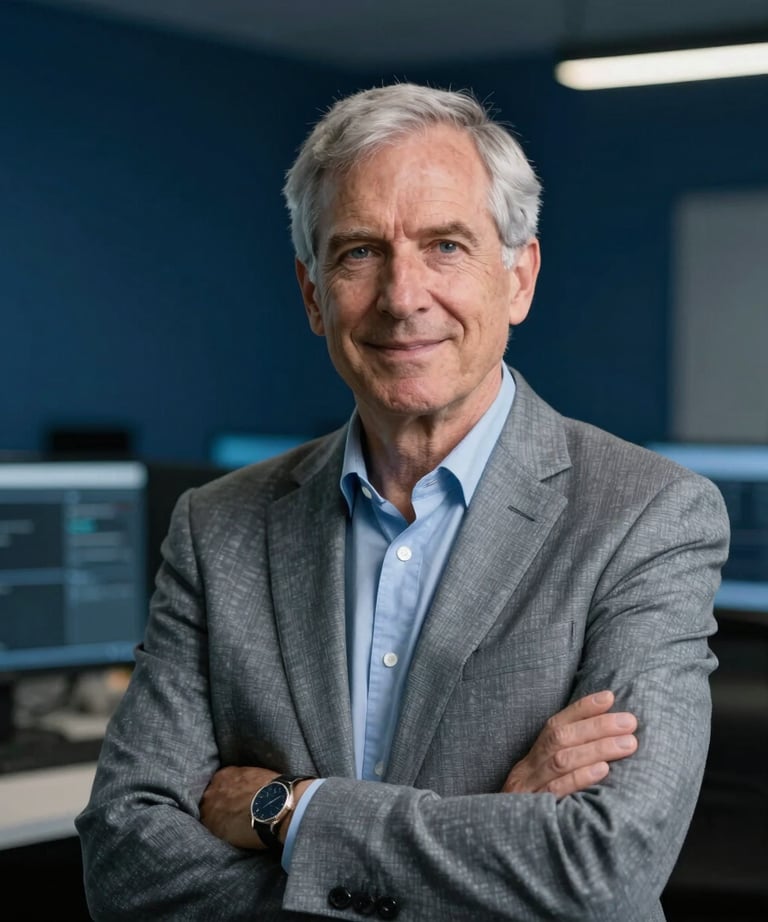 Portrait of a senior developer in a high-tech office. Dark blue background with soft light gray highlights on their professional attire. North American setting.