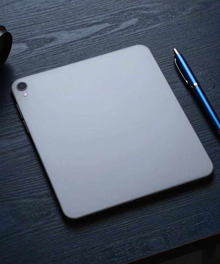 A top-down view of a designer's desk in a dark studio. A light gray tablet and steel blue pen glow against a dark navy wooden surface. Clean, professional composition.