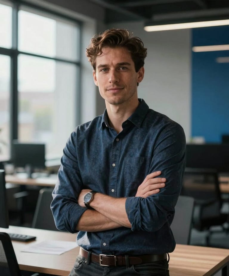 A professional portrait of a tech-savvy creative in a modern office. Soft cinematic backlighting from a large window, deep shadows, and steel blue accents in the background decor.