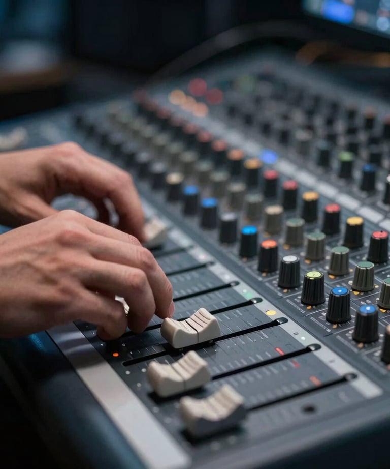 A close-up of a professional sound mixer's hands on a fader. The studio is dark with steel blue ambient lighting and light gray hardware accents.