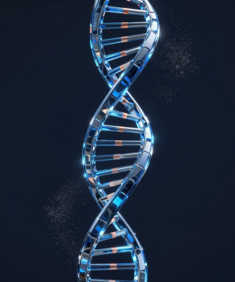 A high-fidelity 3D rendering of an abstract DNA helix made of glowing steel blue glass. Dark navy background with soft light gray dust particles.