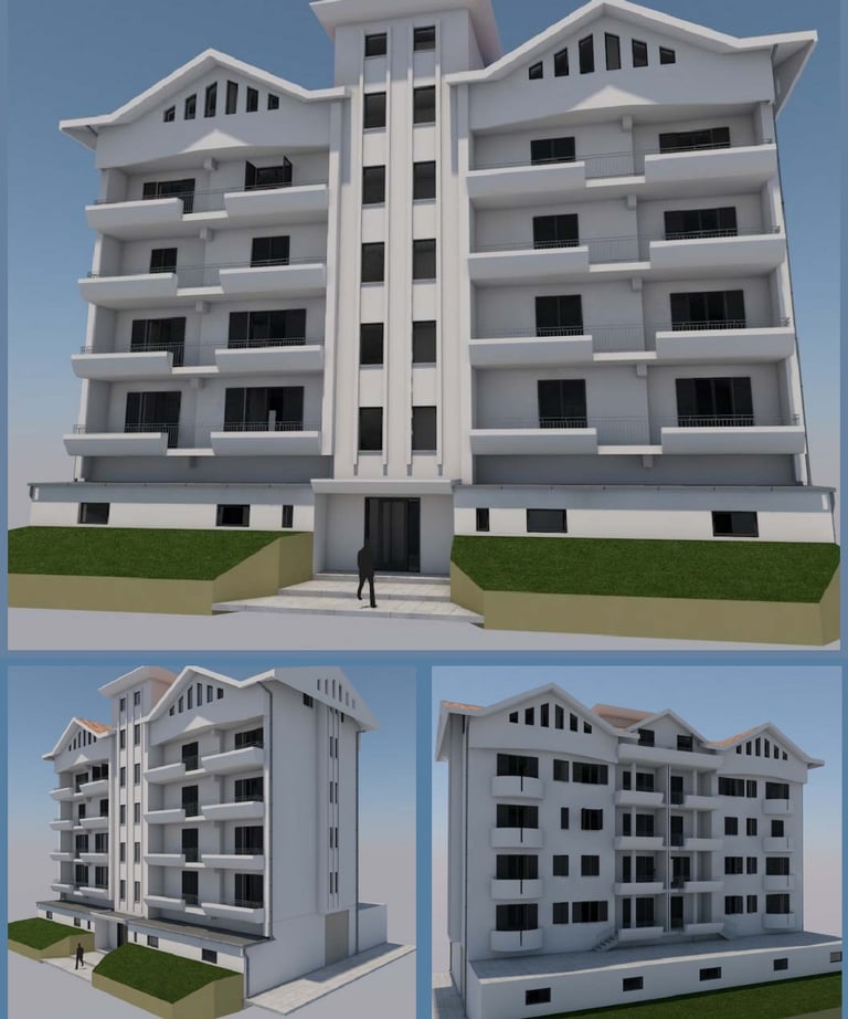 a building with a lot of windows and a person walking by