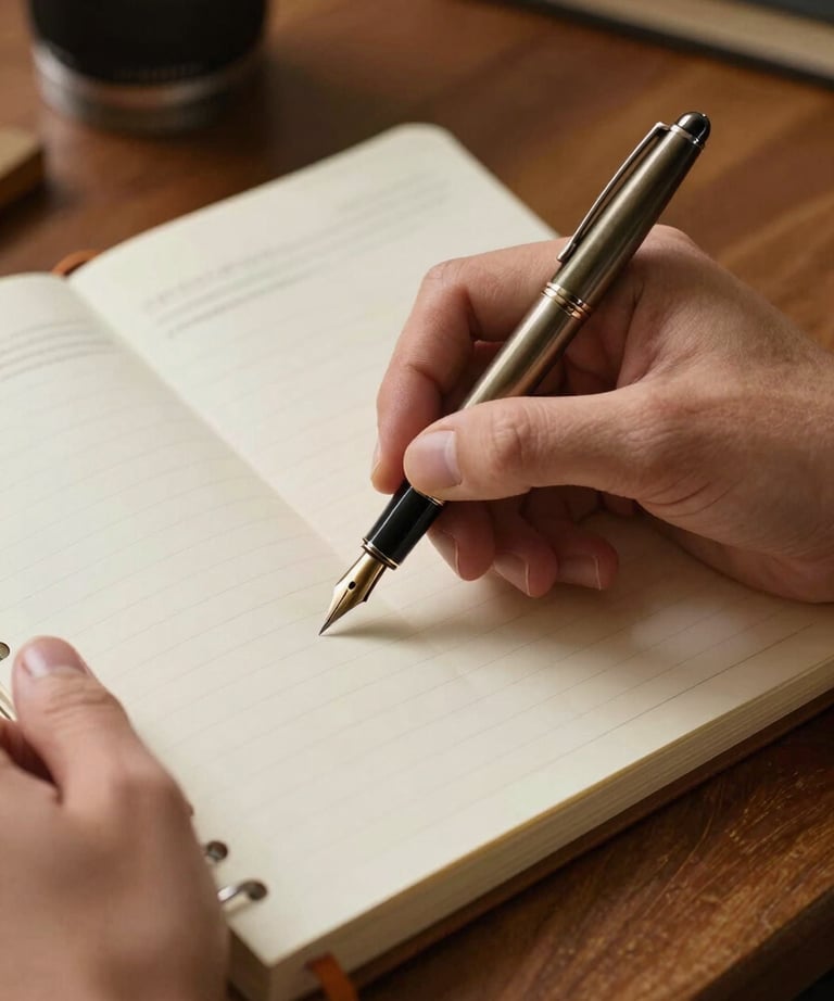 A close-up of a North American hand holding a vintage fountain pen over a parchment-colored planner, warm brown wood desk.