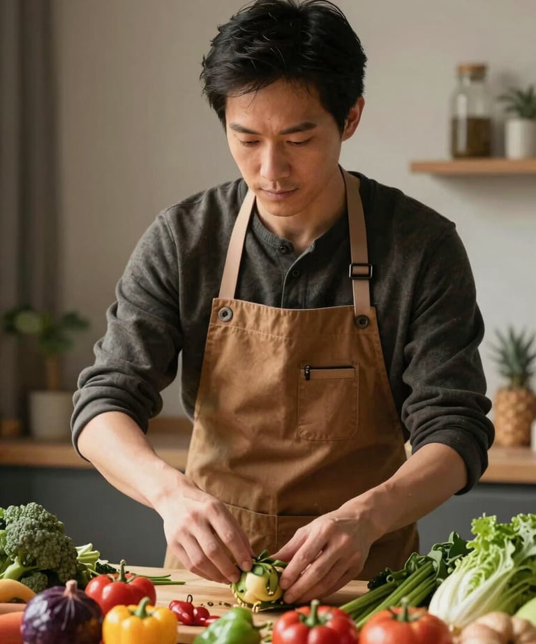 Portrait of a professional creative director in a North American studio, wearing a warm brown apron, carefully arranging a display of fresh produce for a shoot.