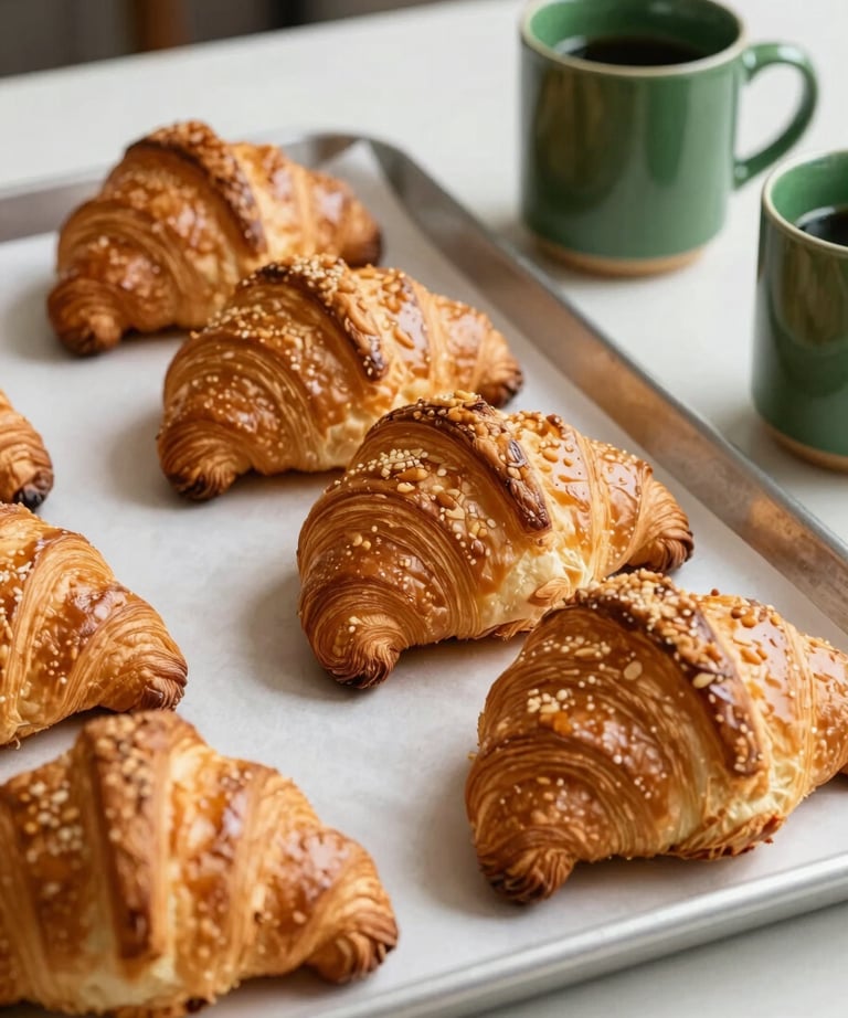 A North American bakery scene with parchment-lined trays of golden croissants, accented by forest green ceramic mugs.