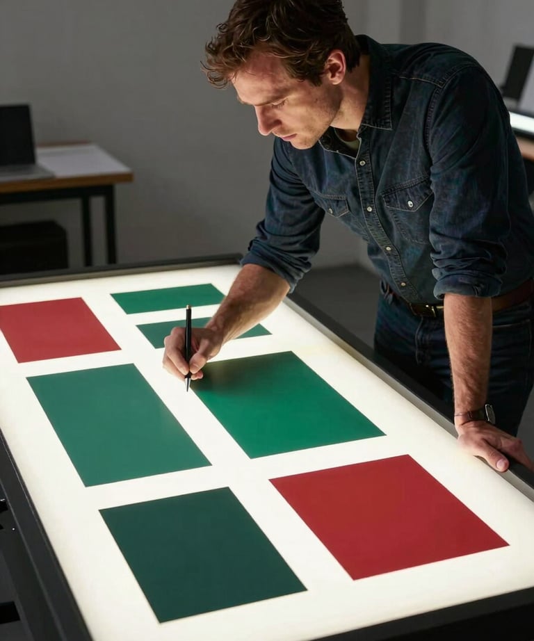 A creative strategist in a North American studio, leaning over a light table with forest green and crimson brand boards.