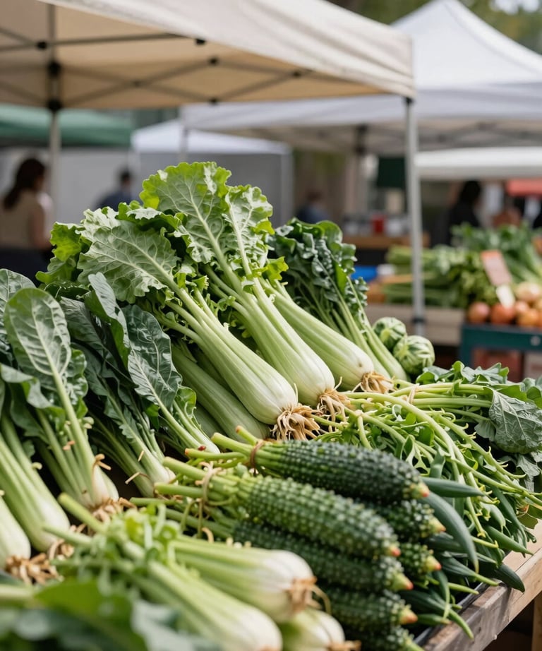 A North American farmers market scene on a Saturday morning, with parchment-colored tents and stalls full of vibrant, forest green vegetables.