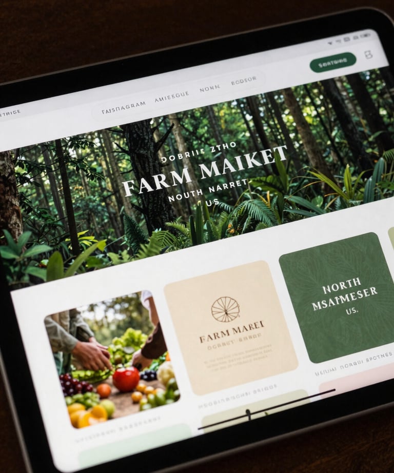 A close-up of an iPad display showing a series of forest green and parchment-toned Instagram templates for a farm market, North American / US.