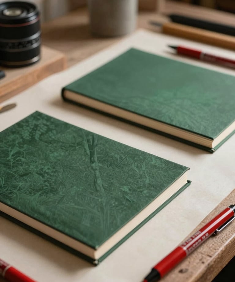 A close-up of a rustic creative workshop in a North American studio, with forest green sketchbooks and crimson ink pens on a parchment desktop.