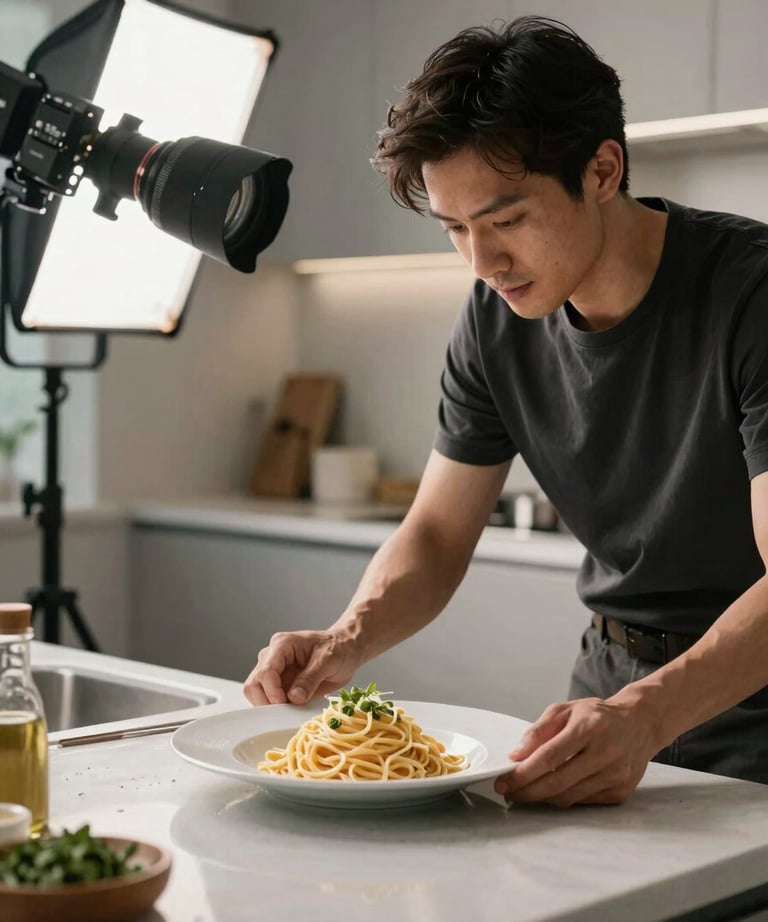 A food photographer in a North American kitchen studio adjusting lighting over a plate of artisanal pasta, modern and professional atmosphere.