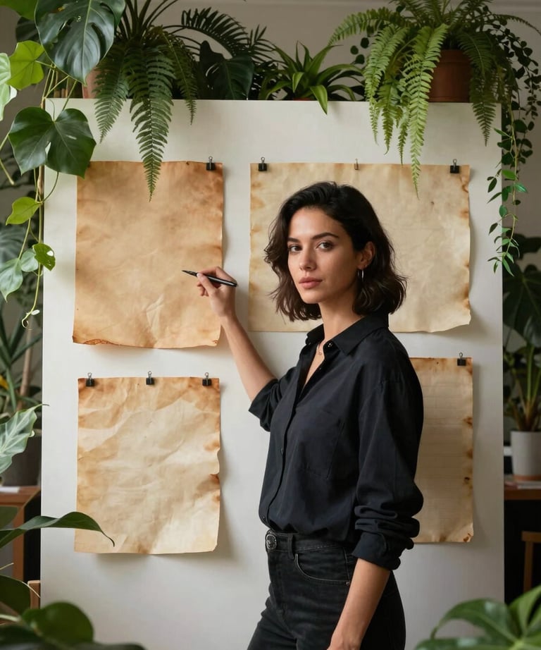 A professional North American woman in a creative studio environment, surrounded by forest green plants and parchment-colored mood boards.