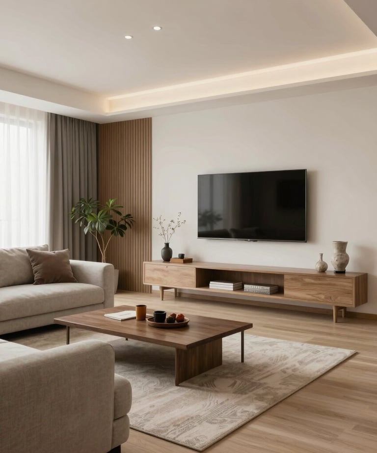 A cozy residential living room with warm lighting and elegant furnishings.