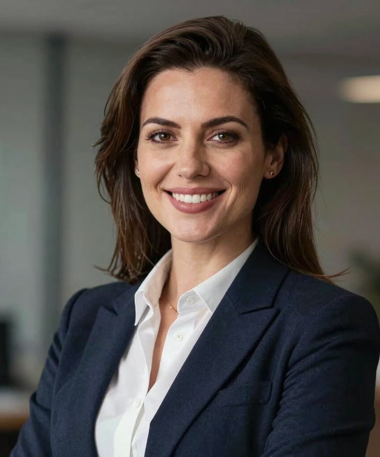 Professional headshot of a dynamic Moldovan woman executive in her 30s, smart business casual attire, smiling confidently, high-quality corporate headshot lighting.