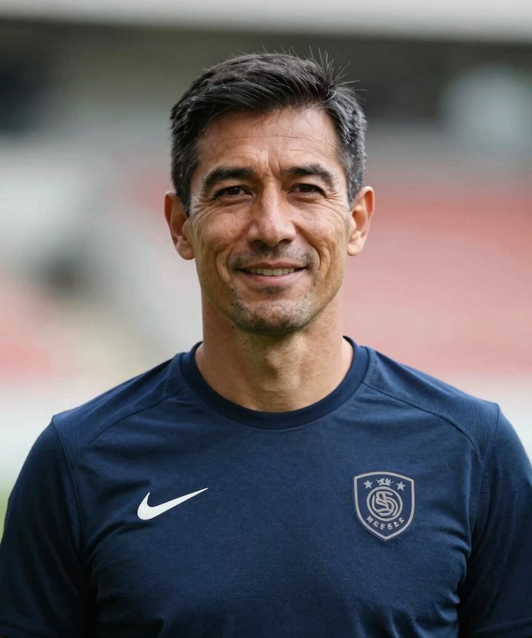 Professional headshot portrait of an experienced sports trainer man in athletic wear with a subtle national team crest, positive and professional demeanor, outdoor stadium background.