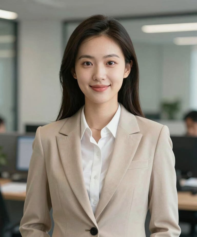 Corporate portrait of a young professional woman coordinator in an office setting, smart attire, confident and welcoming expression.