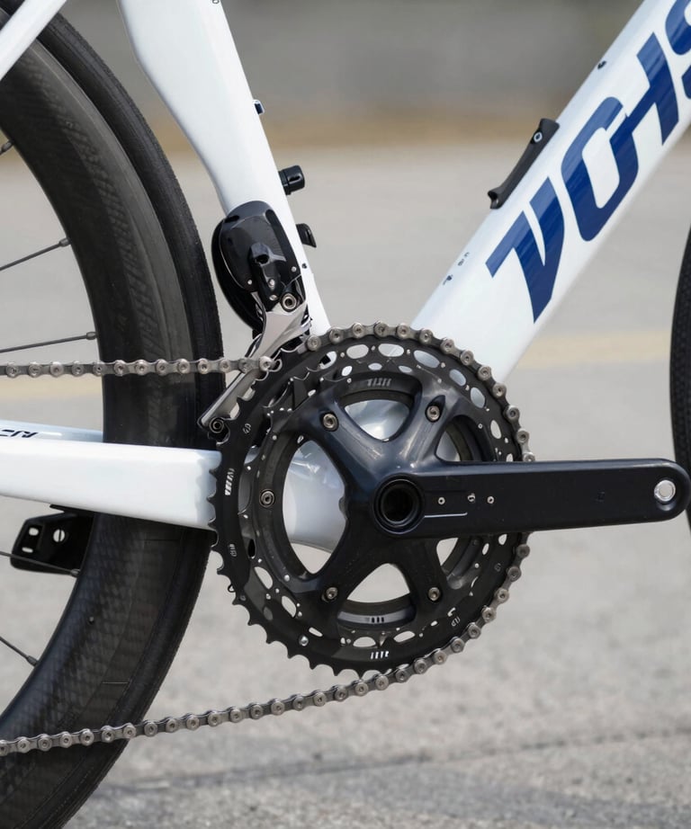 A close-up shot of professional cycling gears, chain, and a sleek carbon fiber bike frame. Clean white and deep blue colors, technical detail, modern and highly professional sports photography, bright lighting with subtle shadows, crisp focus.