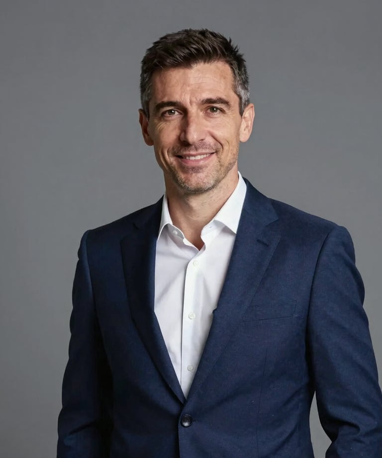 Professional studio headshot portrait of a Moldovan sports executive man in his late 40s, wearing a tailored navy blue suit and white shirt, friendly confident expression, modern grey background.