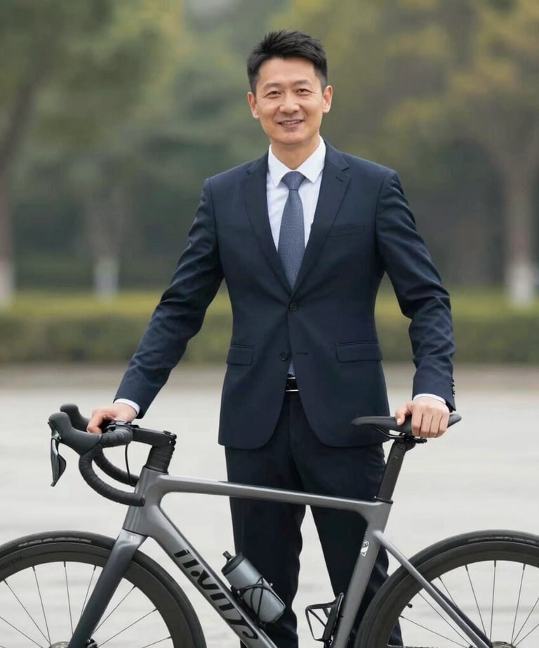 Corporate portrait of a professional technical manager standing next to a modern road bike, smiling, natural soft focus background.