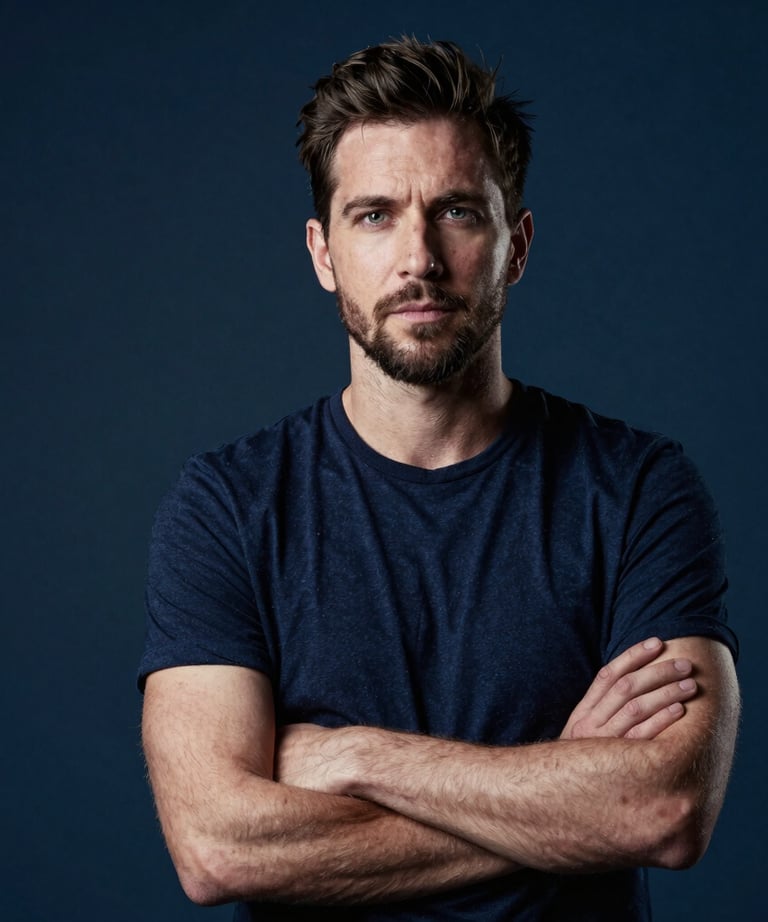 Professional portrait of a male cinematographer in a studio setting. Dramatic lighting, deep blue tones in the background, confident and artistic posture.