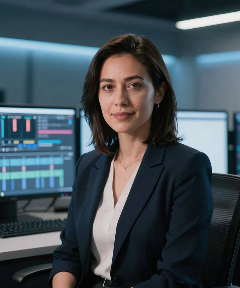 Professional portrait of a female editor in a modern editing suite. Cool blue lighting from screens, focused and professional demeanor.