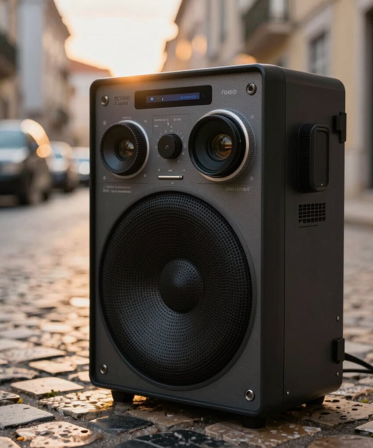 Close-up of a high-end sound recorder in a Lisbon street. Cobblestones and warm sunset light in the soft-focus background.