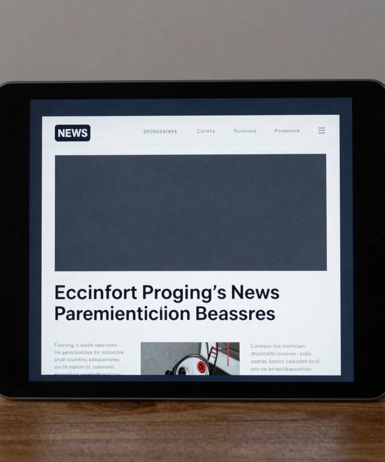 A digital tablet showing a minimalist news interface in slate and midnight blue tones. Sharp typography and clean layout.
