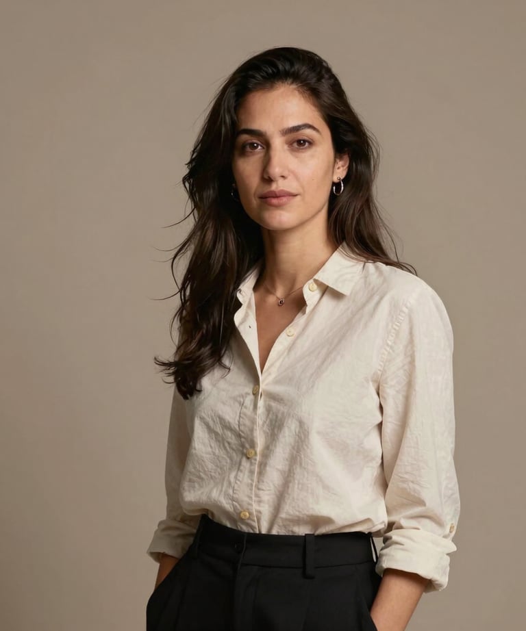 Professional portrait of a female creative technologist in a modern Lisbon studio. Warm taupe background, minimalist style, professional attire.