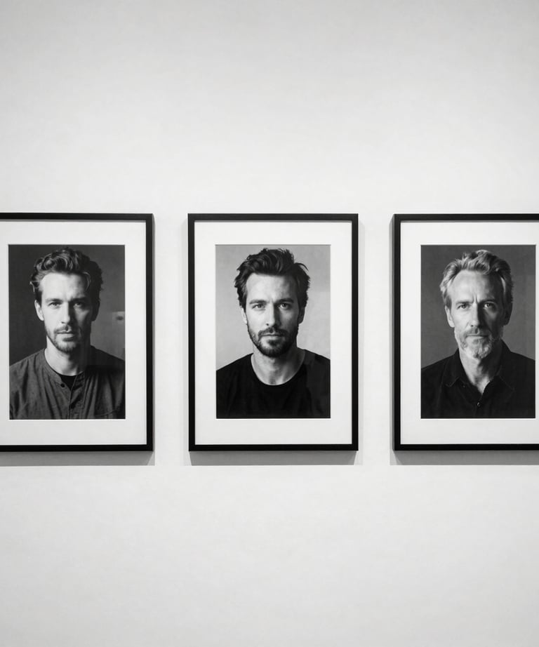 An art gallery wall in Portugal with black and white photography framed in simple charcoal frames. Clean, minimalist aesthetics.