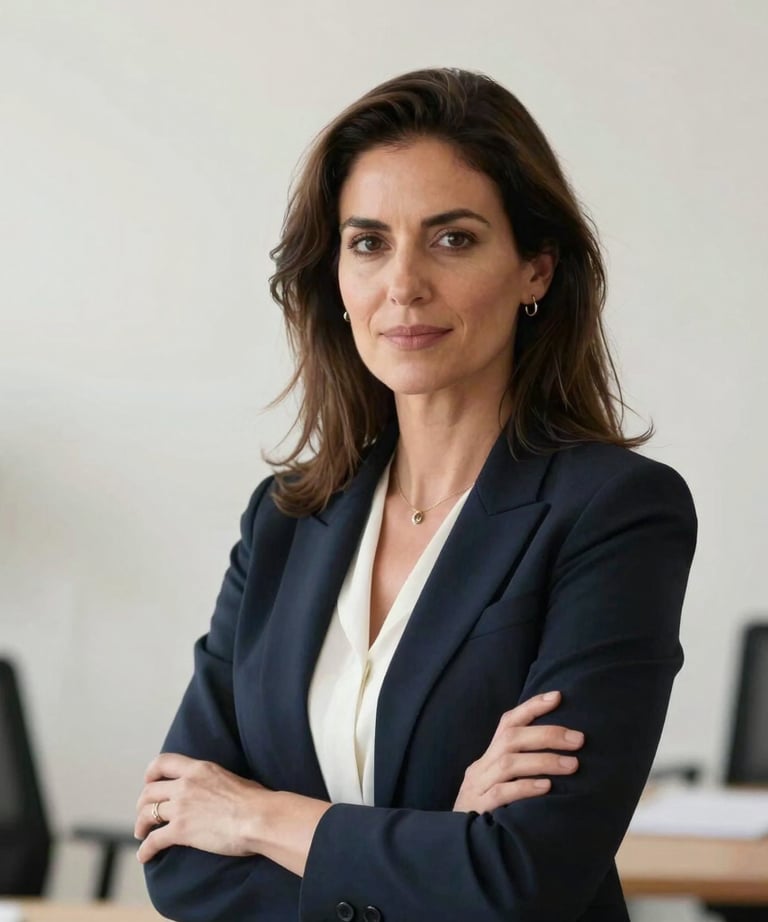 Professional portrait of a female strategist in a bright office in Lisbon. Clean off-white background, elegant and professional appearance.