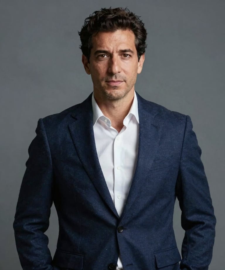 Professional portrait of a male media director in Lisbon, wearing a navy blazer, standing against a slate grey background. Soft cinematic lighting, sophisticated look.