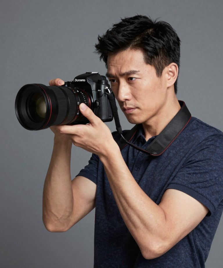 Professional portrait of a male photographer in a minimalist studio. Slate grey background, holding a professional camera, sharp and focused look.