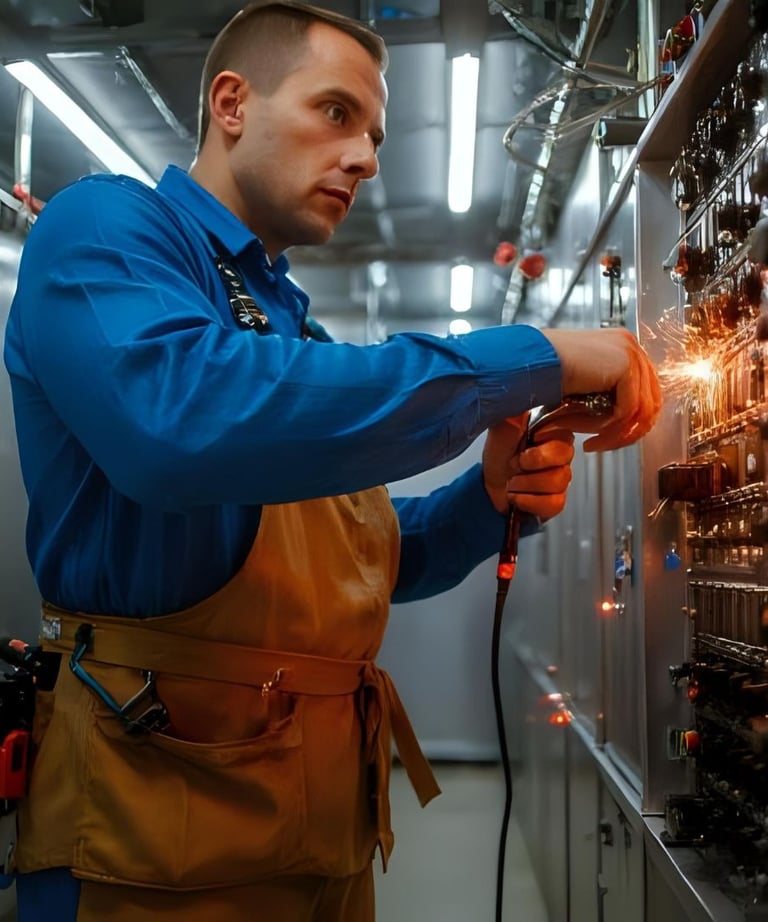 Electrician installing high-voltage wiring and UPS systems in Tier III data center – McKnight vetera
