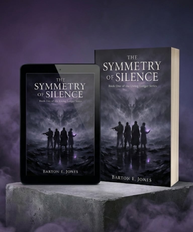 Mockups of The Symmetry of Silence Book One of the Living Ledger Series in eBook and paperback.