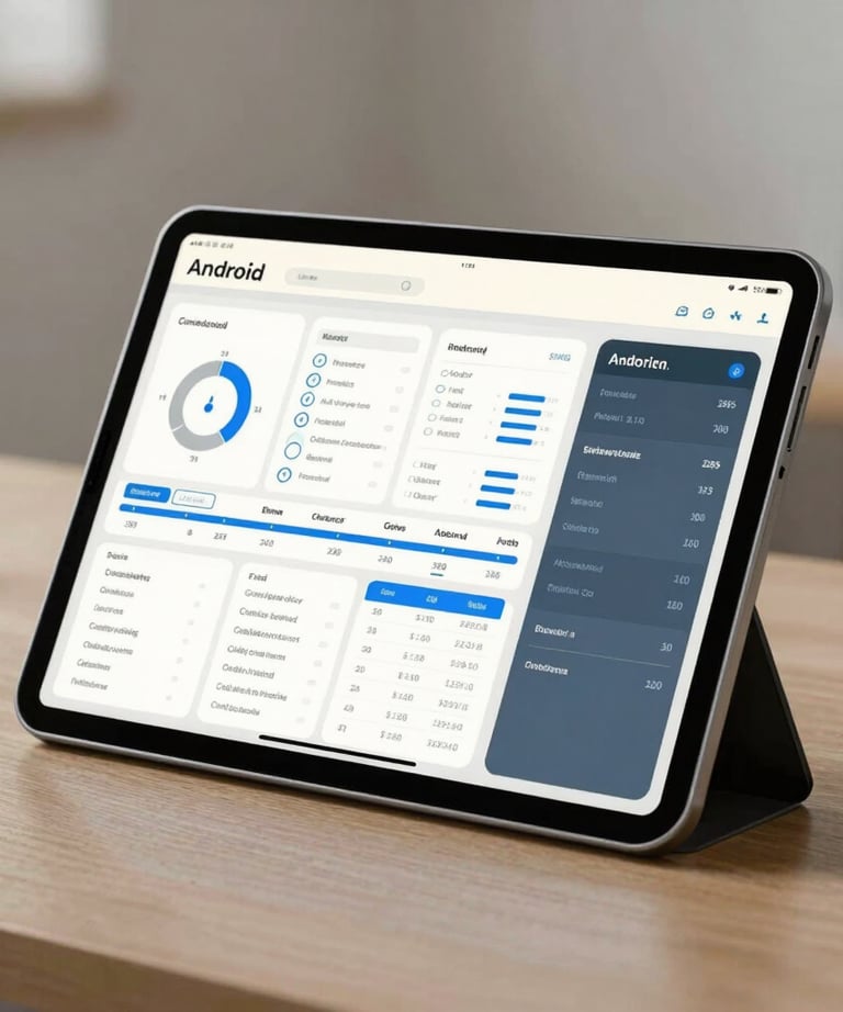 A photograph of an Android tablet propped up on a desk, showing a sleek medical dashboard with professional data visualizations in off-white and steel blue.