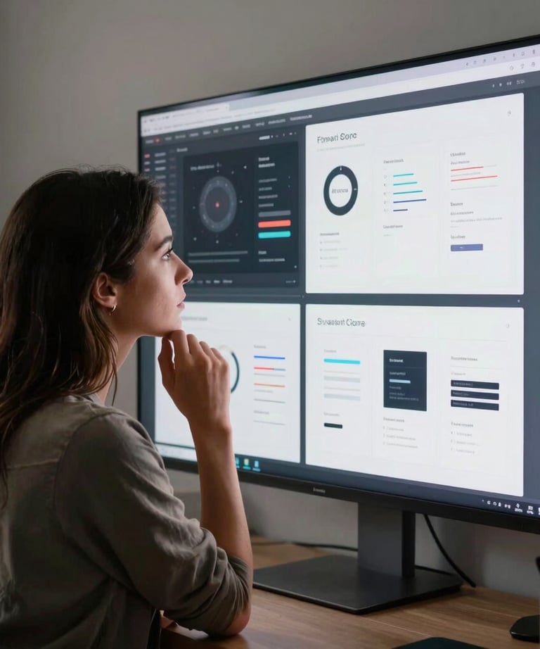 Candid photography of a woman designer looking thoughtfully at a collection of digital UI mockups on a sleek wall display in a North American / US studio.