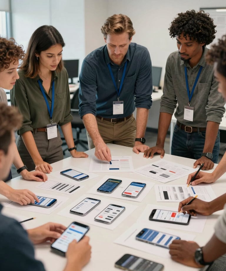 A beautiful photograph of a diverse team in a North American / US office standing around a large table, reviewing printed mobile application screenshots and diagrams.