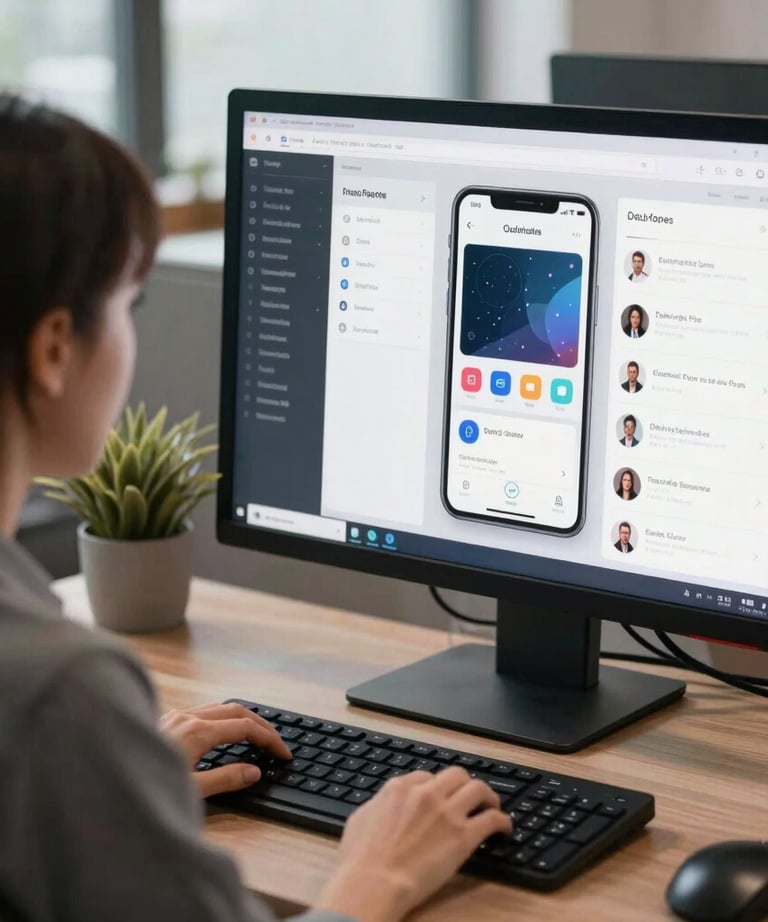 A sharp photograph of a woman working at a computer in a modern North American / US office. The monitor displays a high-fidelity prototype of a mobile app interface.