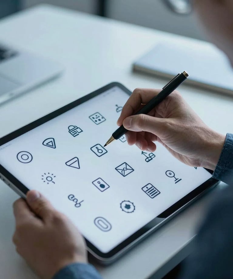 A sharp, detailed photograph of a creative professional drawing icons on a digital tablet in a modern office. Tones of steel blue and light blue dominate the scene.