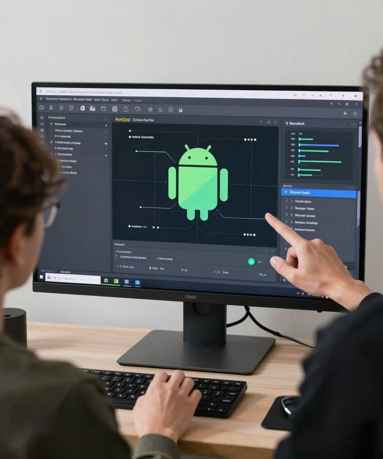 Action shot of two designers in a North American / US studio discussing a digital project displayed on a large high-resolution monitor. The screen shows a complex Android interface architecture.