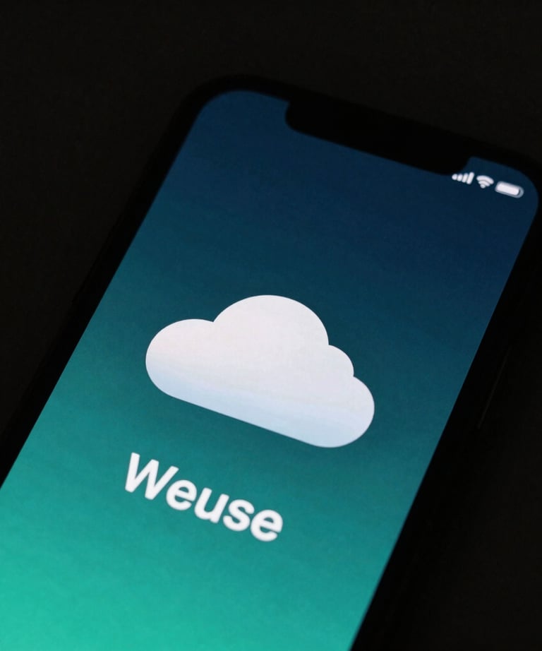 A high-contrast photograph of a smartphone screen showing a beautifully designed weather app with teal and dark navy gradients. Minimalist typography.